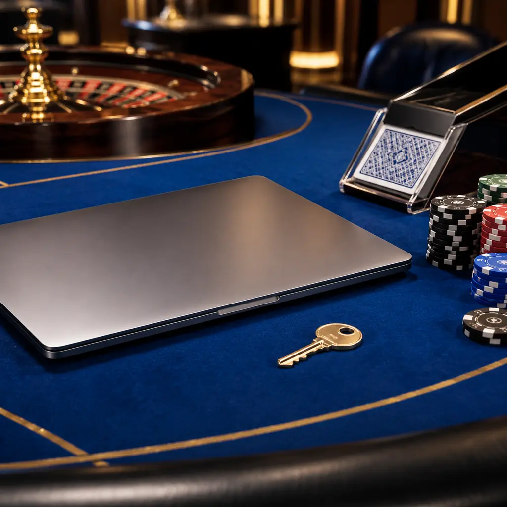 Laptop dan kunci di dekat kartu serta chip kasino