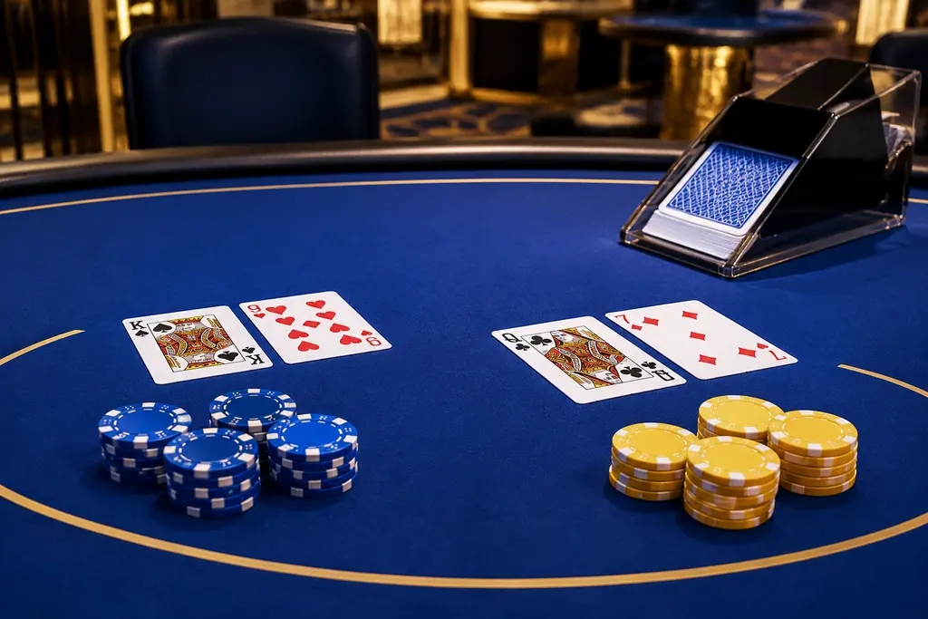 Kartu dan sepatu kartu di atas meja baccarat