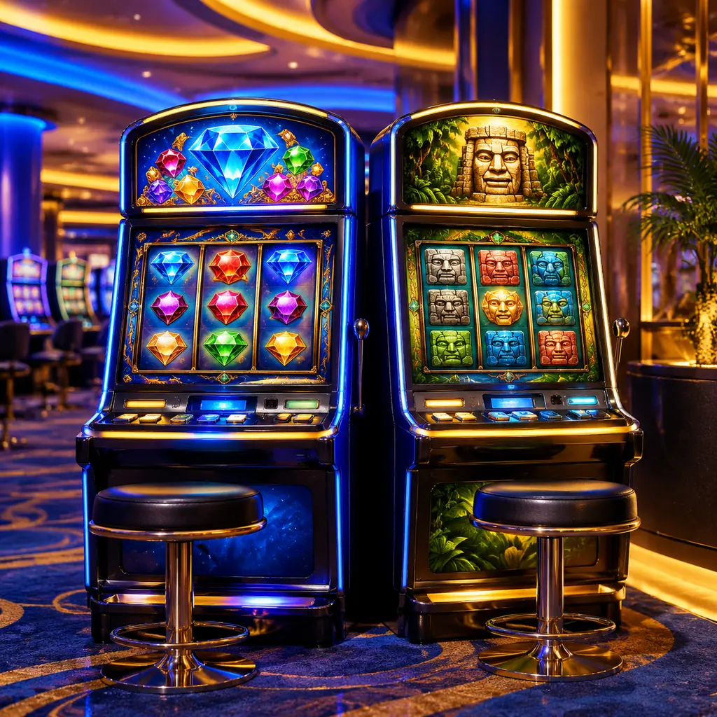 Dua mesin slot dengan tema permata dan petualangan di kasino