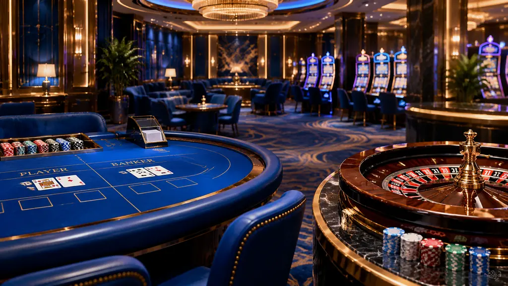Ruang kasino dengan meja kartu dan roda roulette bernuansa biru kobalt