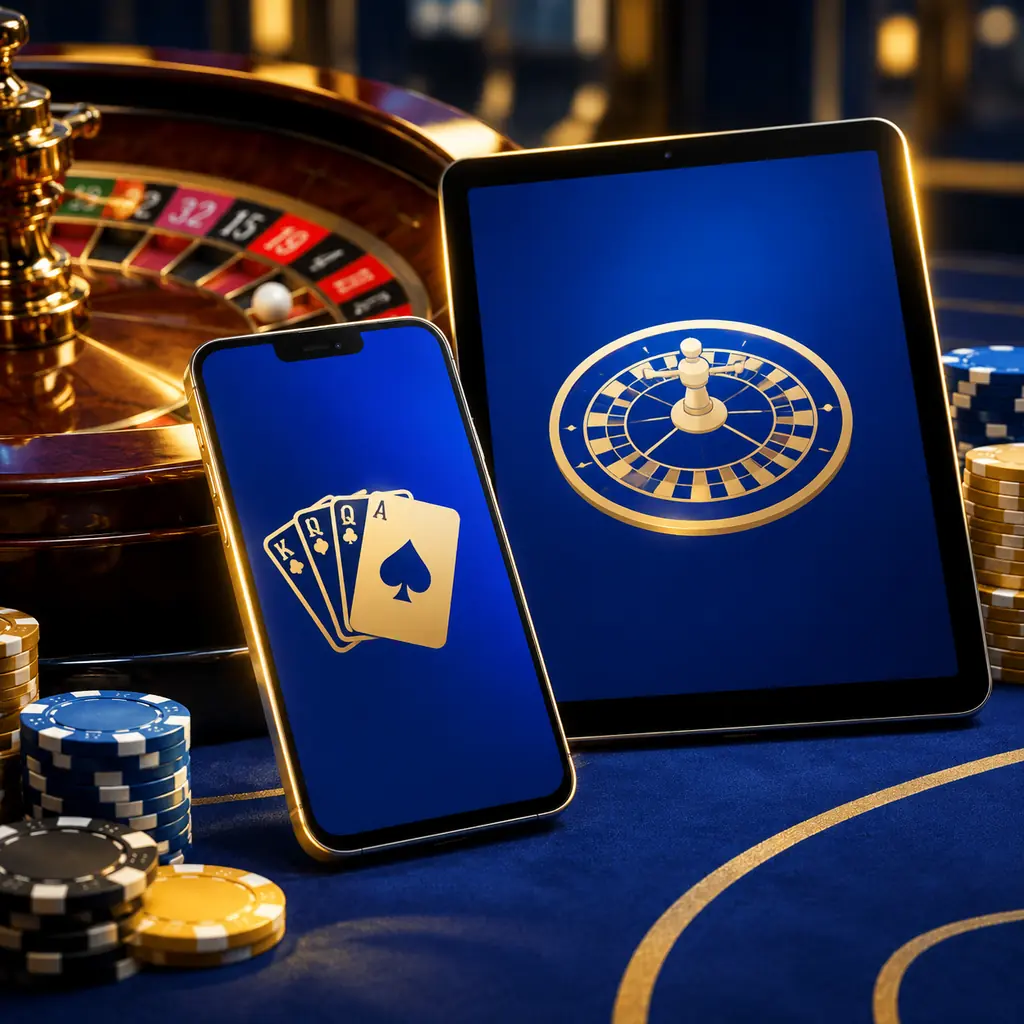 Ponsel dan tablet di samping meja roulette kasino
