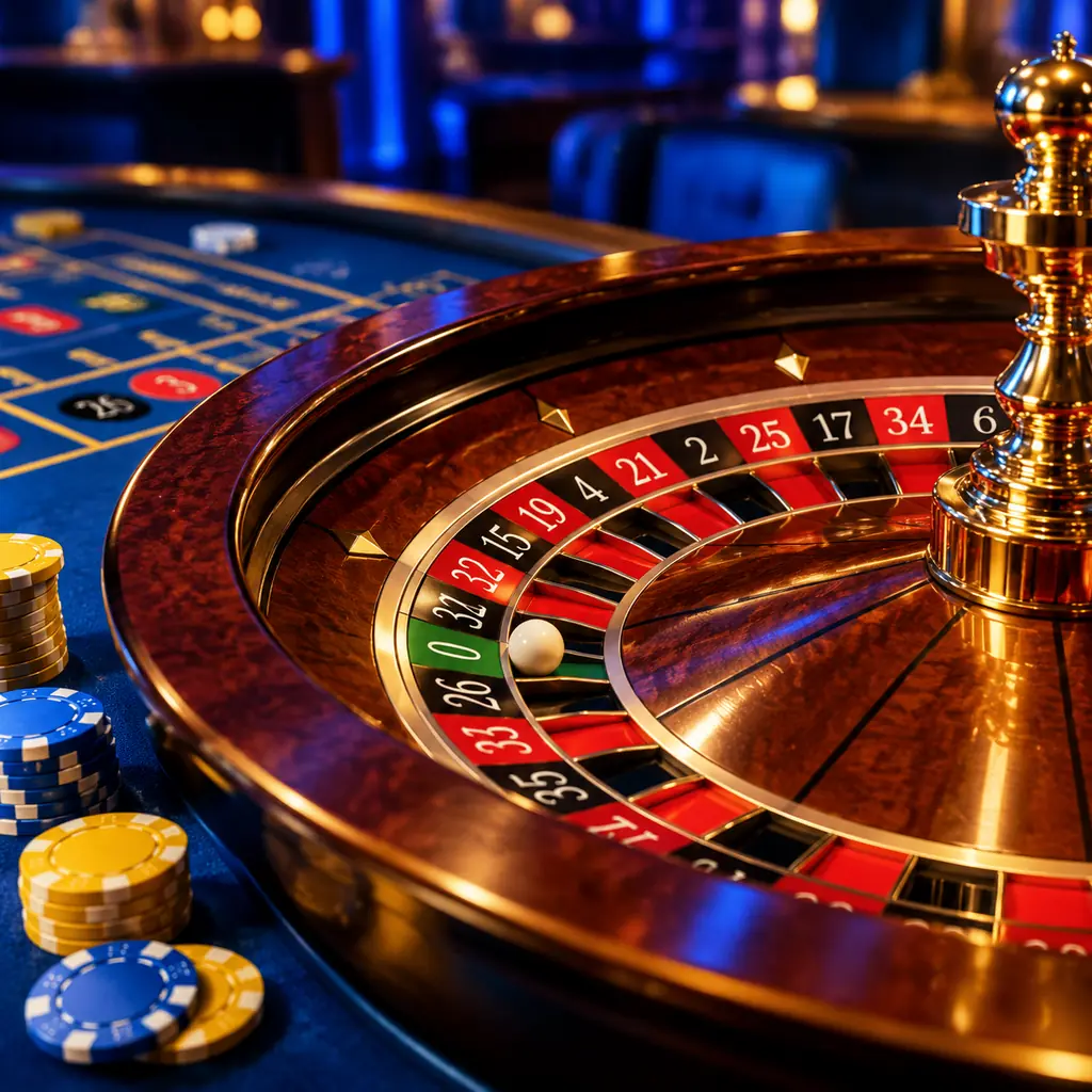 Roda roulette kayu dengan bola dan chip di meja