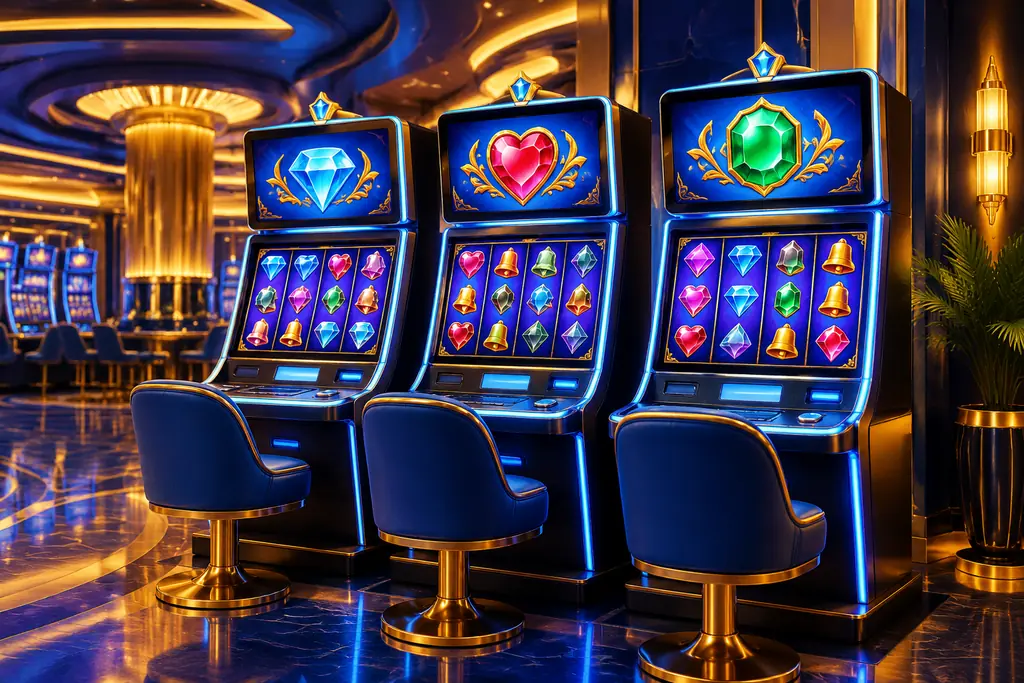 Deretan mesin slot di ruang kasino dengan cahaya biru