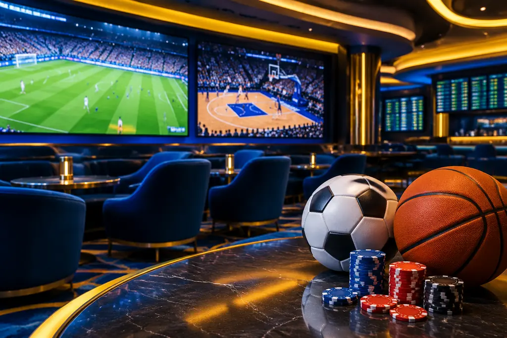Area sportsbook kasino dengan layar sepak bola dan bola basket