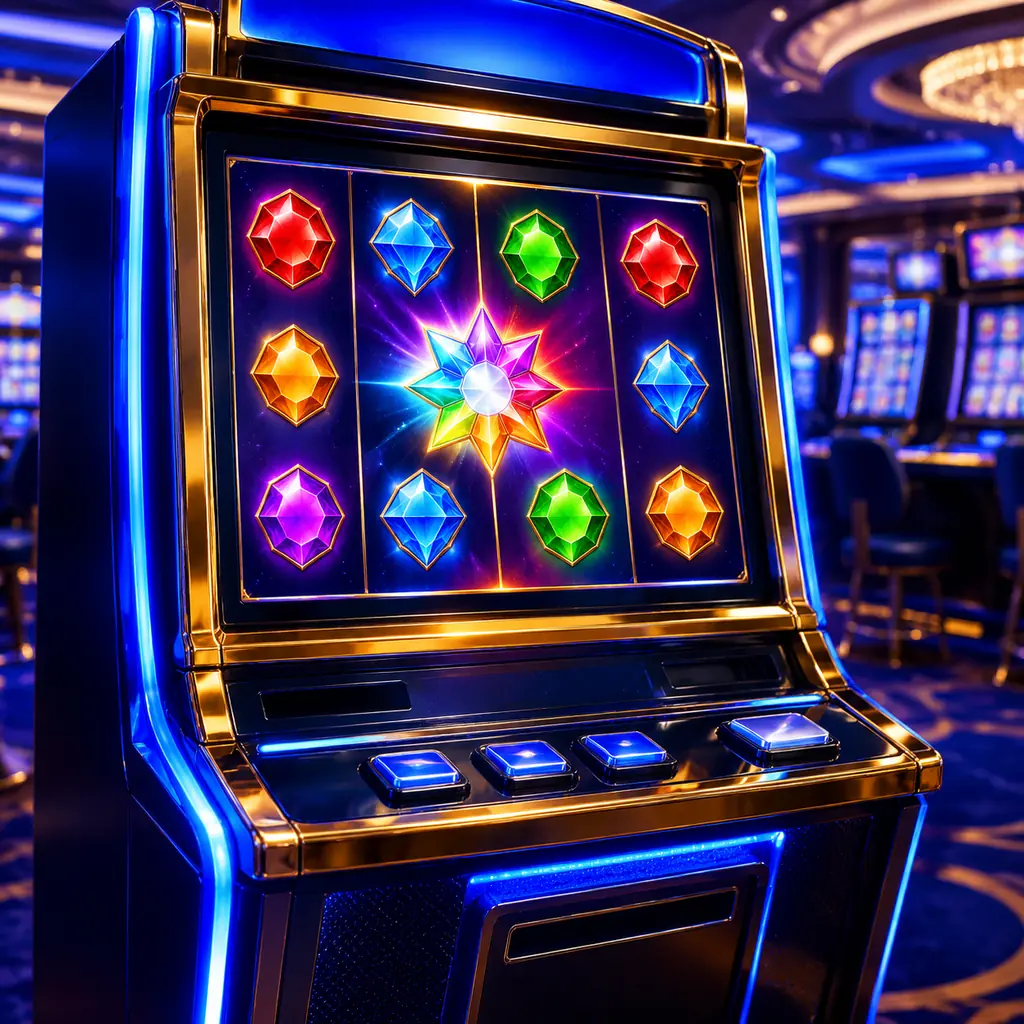 Mesin slot dengan simbol permata berwarna di ruang kasino